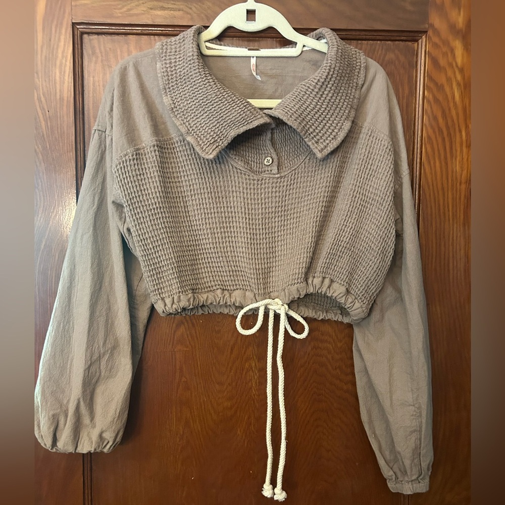Free People Long Sleeve Cropped Top Waffle Knit Drawstring Waist Taupe Small